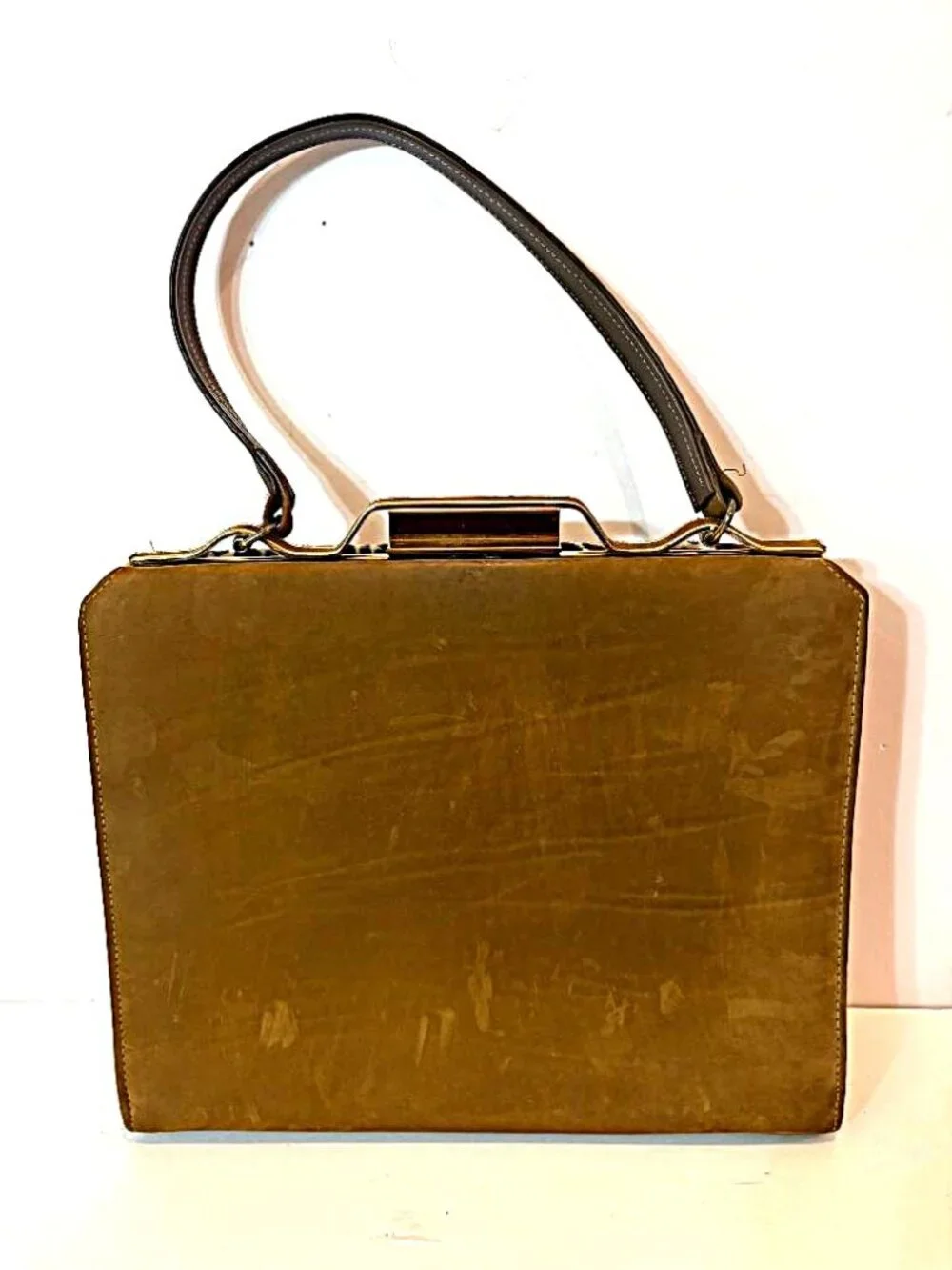 Vintage 1960s MCM Caramel Ultra-suede Clasp Handbag Hair-on-Hide Accent Panels